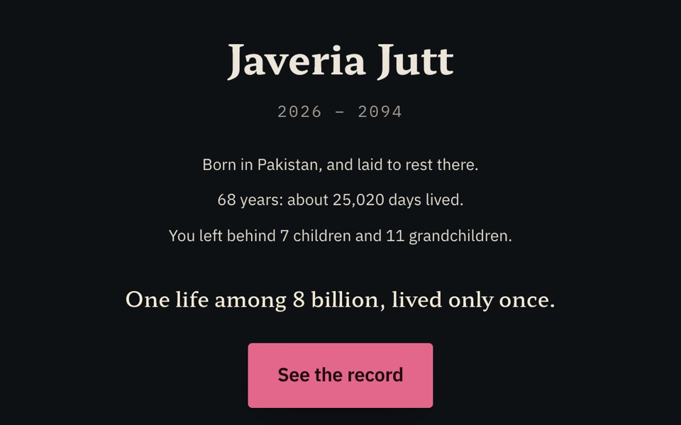 一生的終點:生於巴基斯坦的 Javeria Jutt,2026–2094